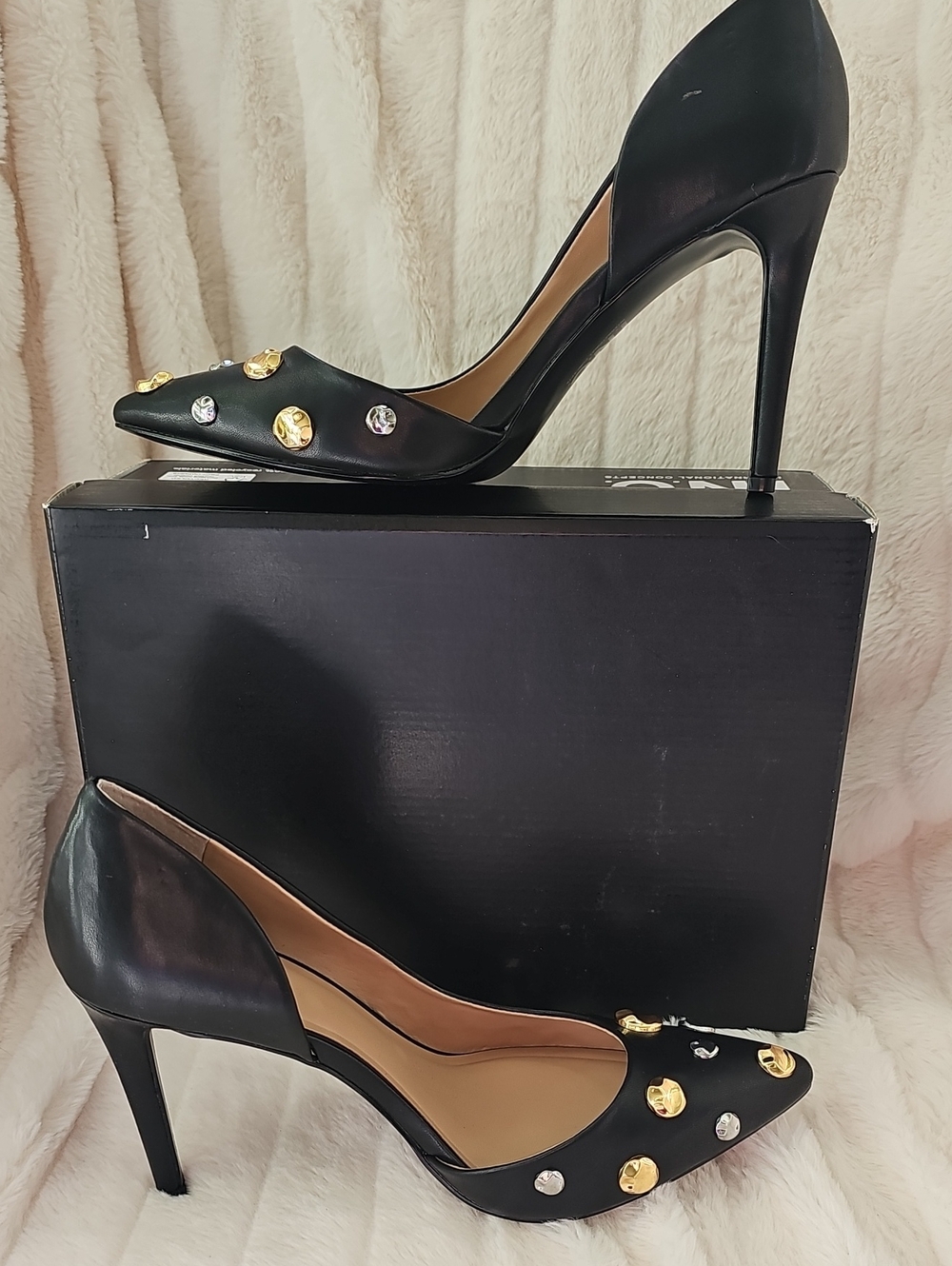Black Pointed Stiletto Pumps with Gold & Silver Embellishments